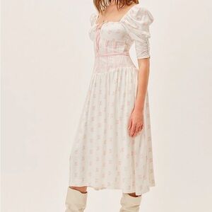 For Love & Lemons Lynne Midi White and Pink Floral Dress - Small